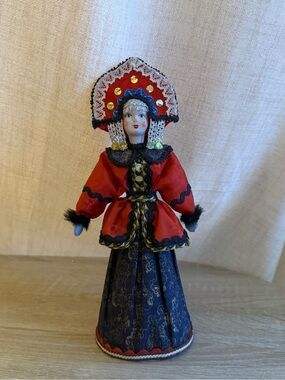 Red and Navy Russian Folk Doll Figurine with Embroidered Kokoshnik vintage doll